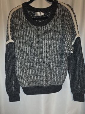 A.L.C. Black and White Marled Crewneck Sweater with White Shoulder Trim Women M